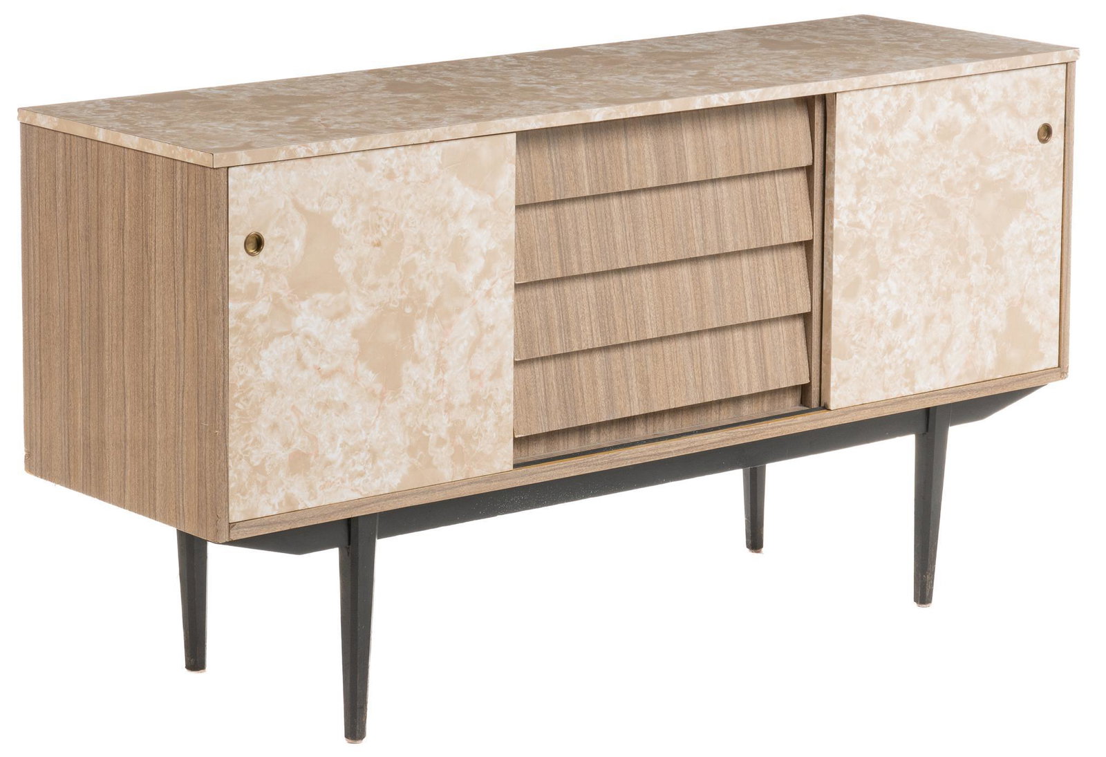 Mid-Century Sideboard: MId-Century sideboard / credenza, having marble patterned veneer, sliding cabinet doors opening to interior shelves, flanking central slats, rising on pin legs height 31.5 in. x width 60 in. x depth 1
