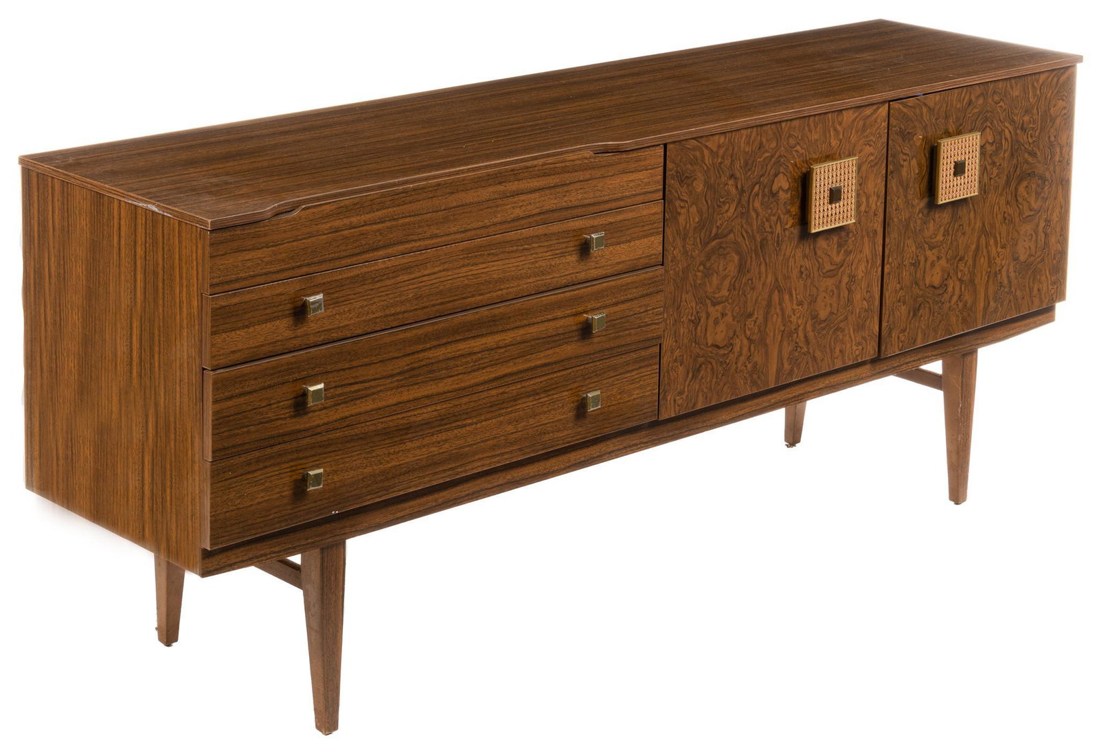 Mid-Century Sideboard: Mid-Century sideboard, having rectangular top, over stack of three drawers, aside two cabinet doors, one drop-down, one hinged, both opening to single interior shelf, supported on pin legs height 31 i