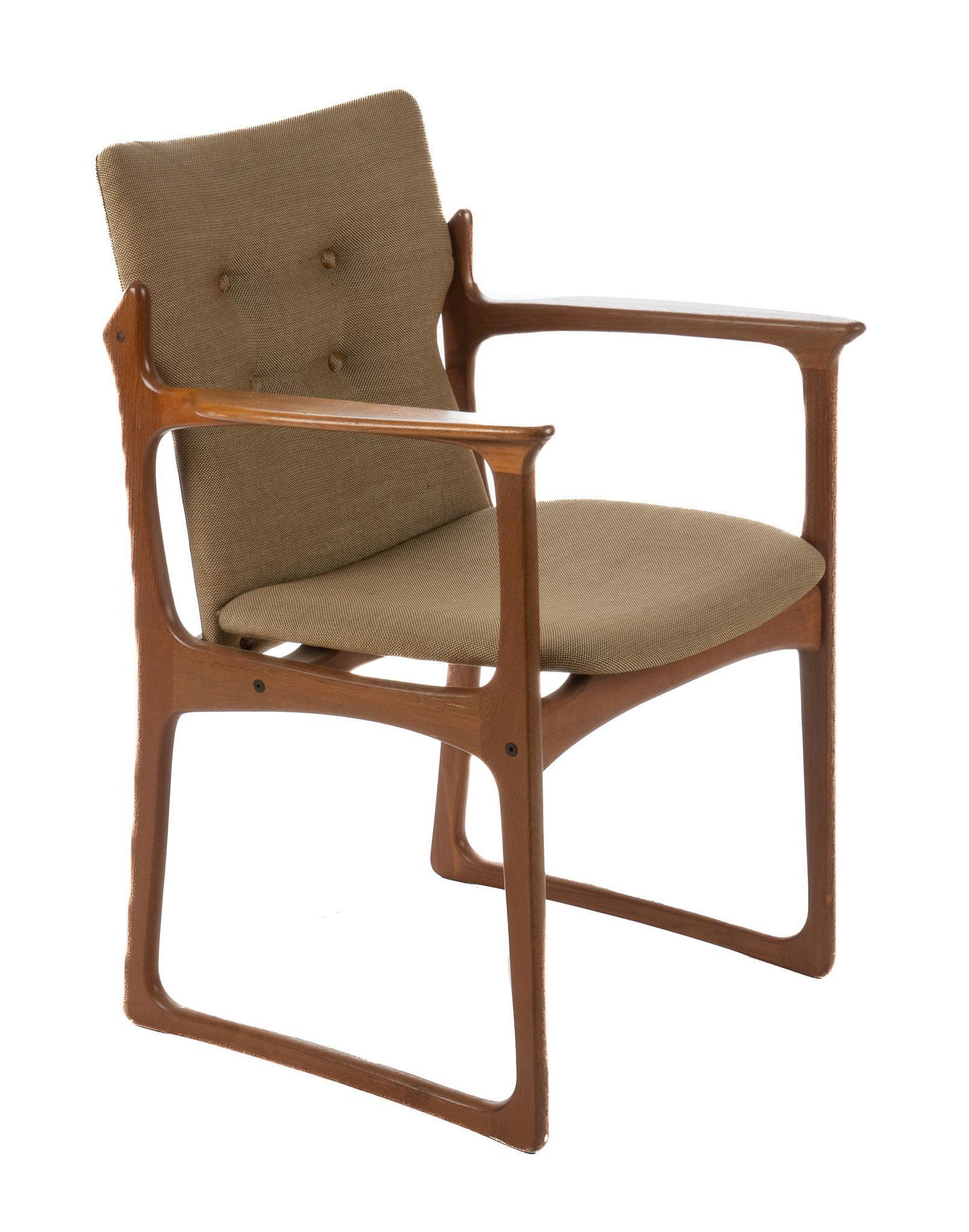 Mid-Century Armchair: Mid-Century armchair with wood frame, upholstered seat and tufted back rest, supported on sled legs height 34 in. x width 24 in. x depth 20 in. We happily provide seamless shipping services on everyth