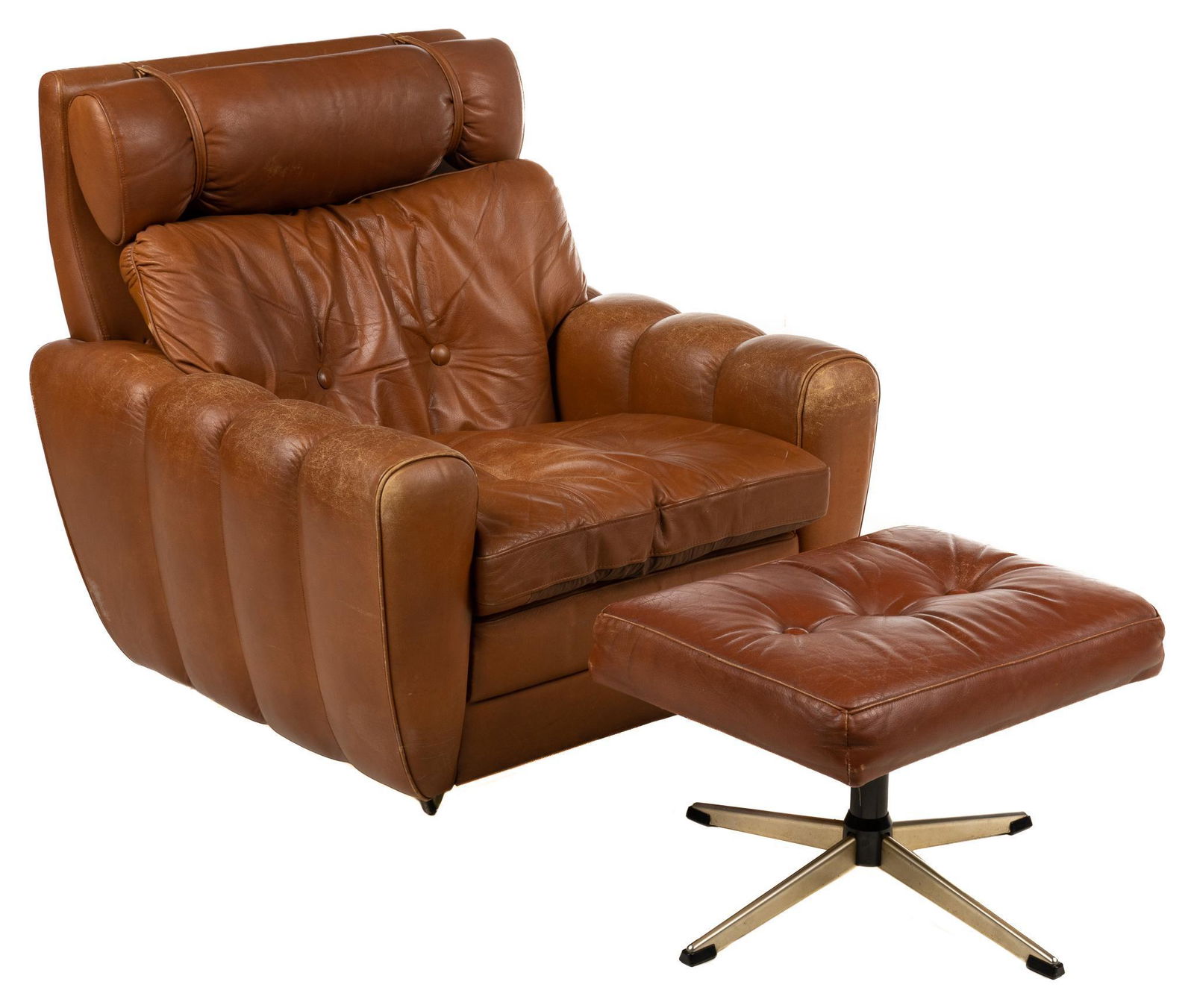 Mid-Century Brown Leather Armchair with Footrest (1 of 4)