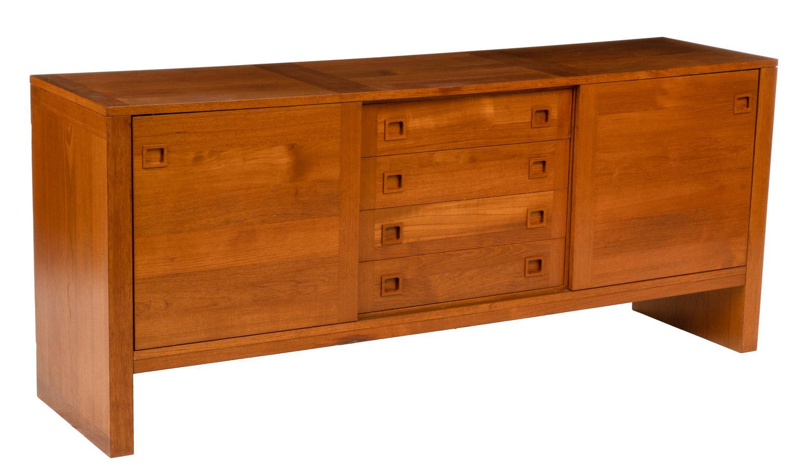 Danish Mid-Century Sideboard: Danish Mid-Century sideboard, with four stacked center drawers, left and right doors each open to a single shelf interior, supported on feet continuous with the right and left sides height 30 in. x wi