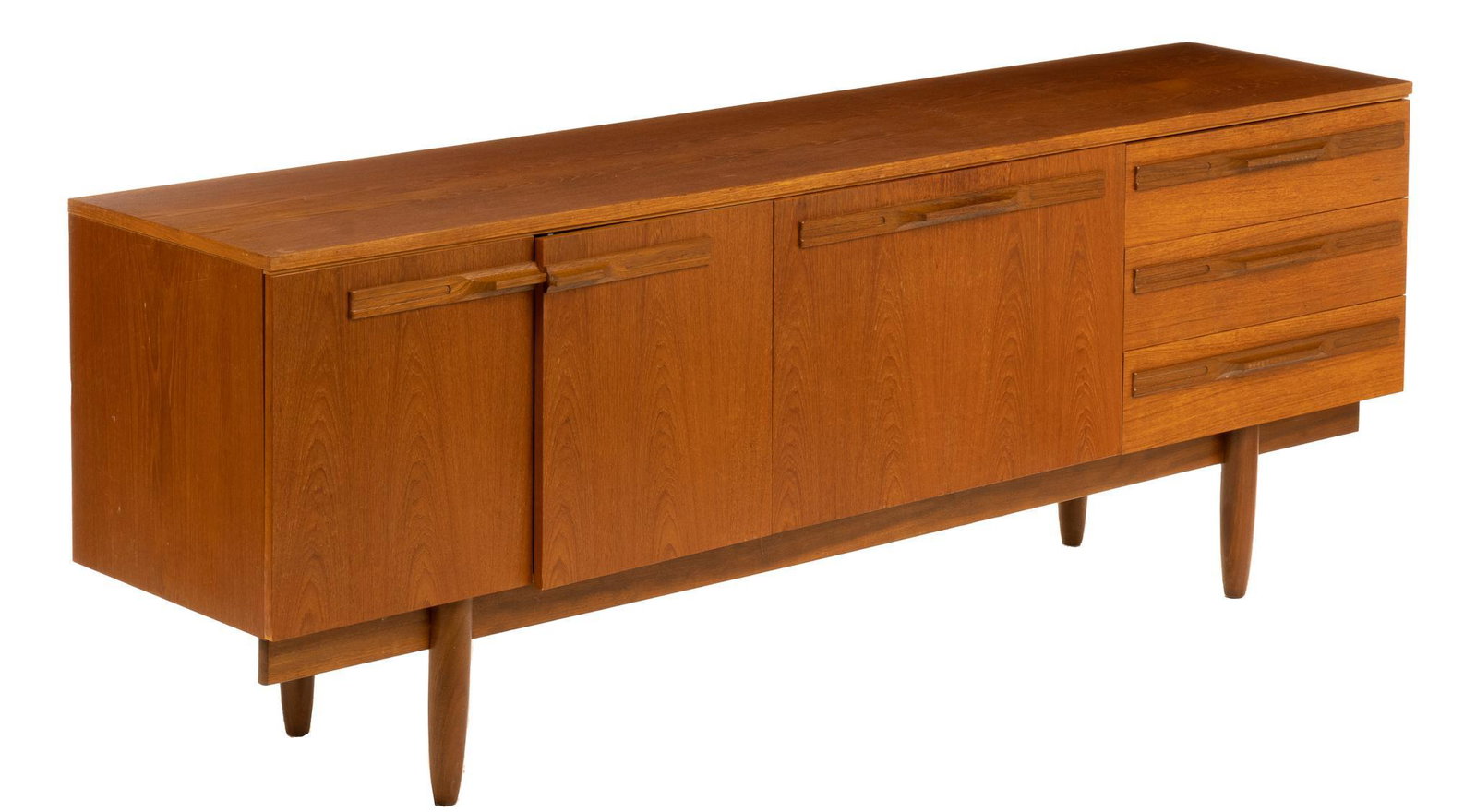 Mid-Century Sideboard: Mid-Century sideboard, with rectangular top, featuring geometric wooden pulls, over two cabinet doors, one drop down, both opening to single shelf interiors, next to stack of three stack of three draw
