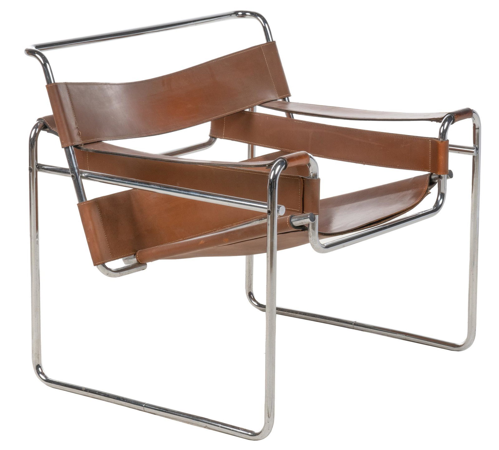 Wassily Leather and Chrome Armchair: Accent armchair with brown leather seat, back, and arm rests supported on a chrome metal frame, "Wassily" chair designed by Marcel Breuer height 29 in. x width 30 in. x depth 25 in. Provenance: a San 