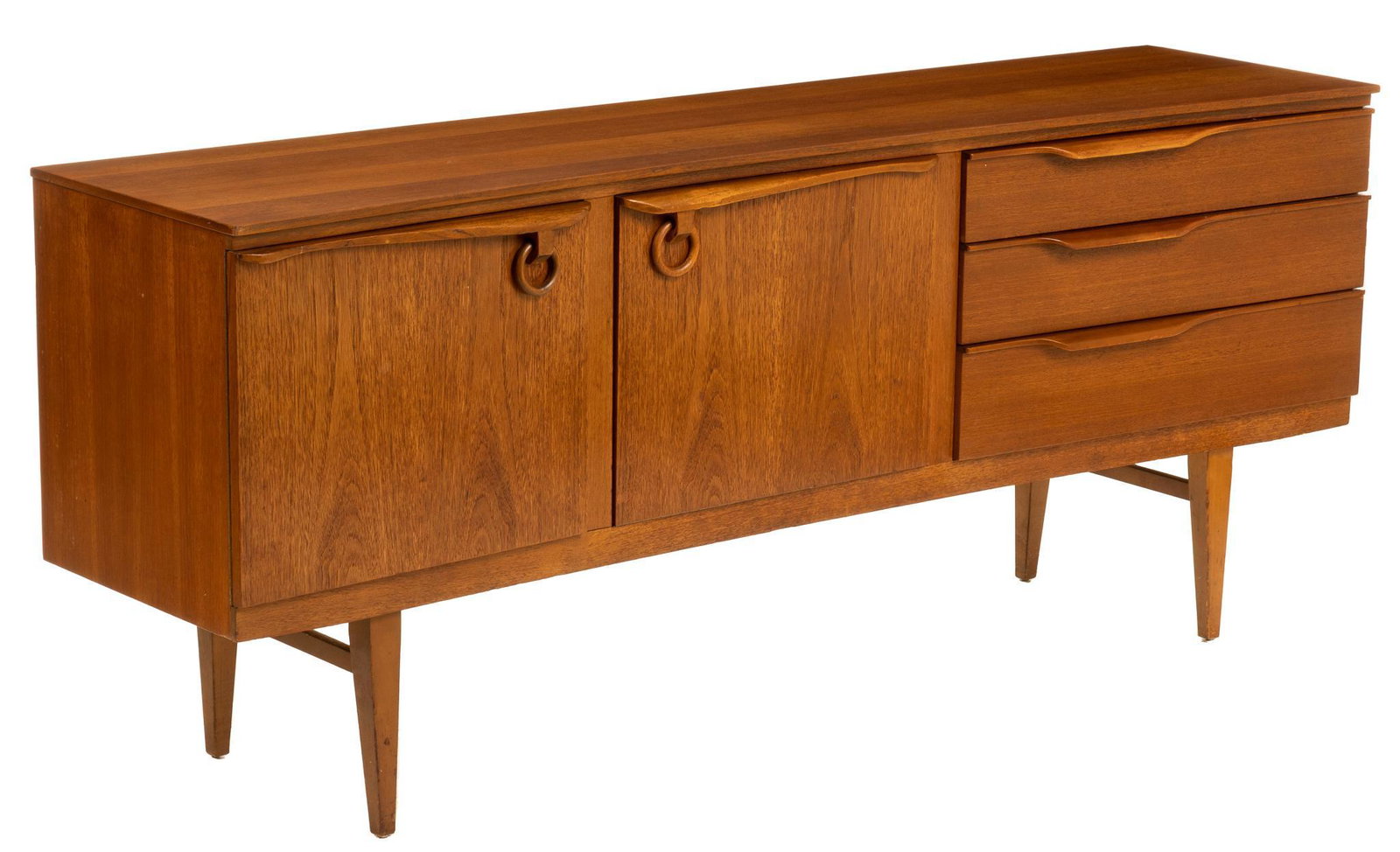 Mid-Century Sideboard: Mid-Century sideboard, with rectangular top, above two cabinet doors, one drop down, both leading to interiors with single shelves, next to stack of three drawers, rising on pin legs height 30.5 in. x