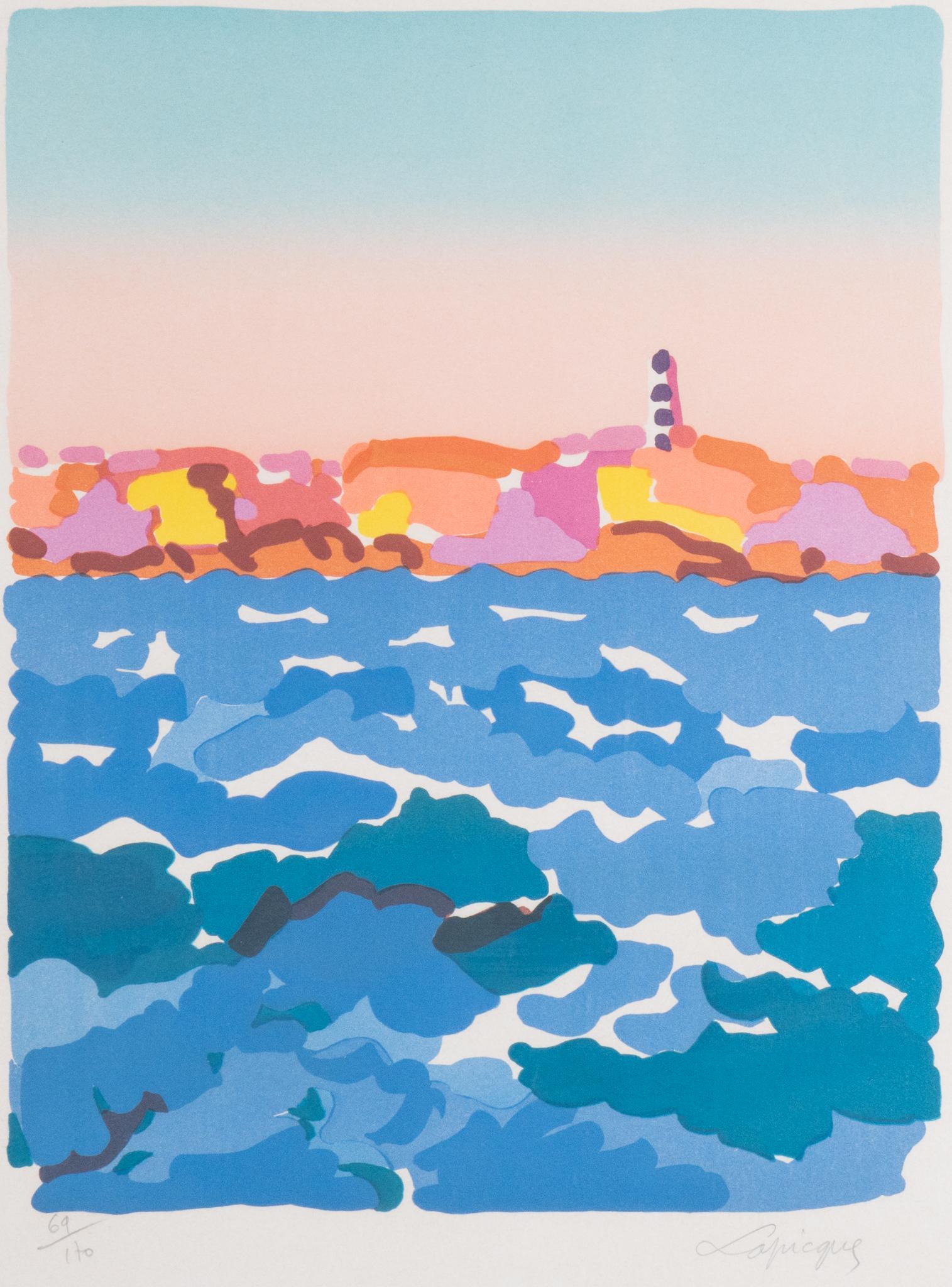 Charles Lapicque, Lighthouse Sunset: Charles Lapicque (1898-1988), lighthouse sunset, signed and numbered serigraph, ed. 69/170 sight: 16 x 12 in., frame: 25 x 20 in. Provenance: a San Antonio, Texas collection We happily provide seam