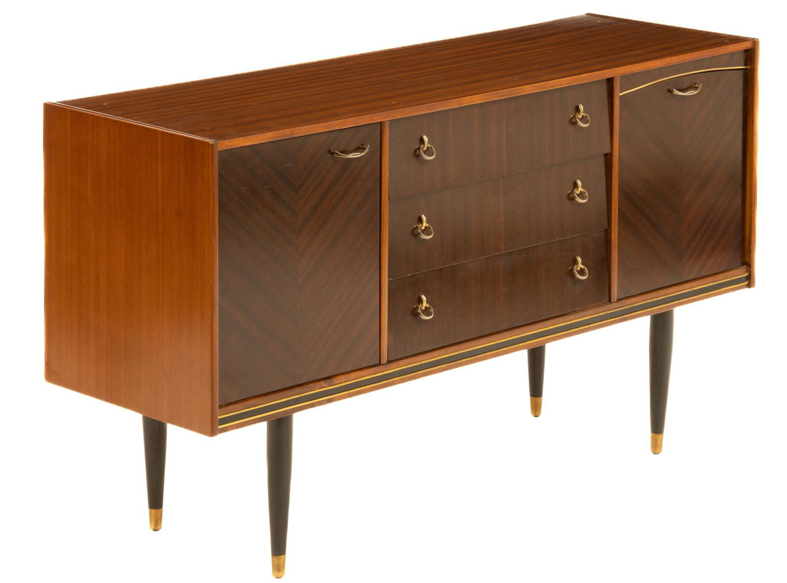 Mid-Century Sideboard: Mid-Century sideboard / credenza, with rectangular top, over stack of three drawers, with circular pulls, flanked by cabinet doors, one drop down, opening to interior storage with shelf, supported on 