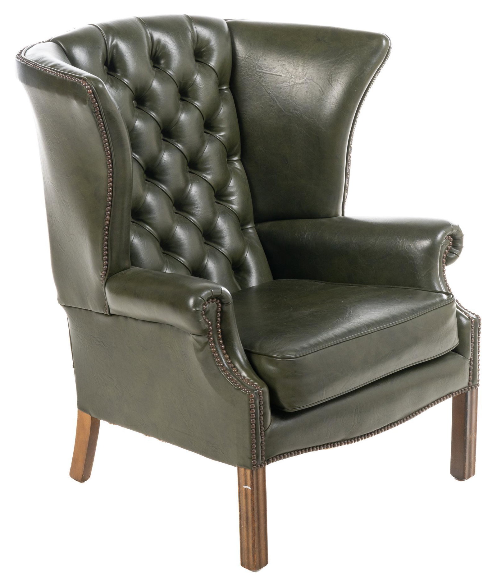 Wingback Armchair: Wingback armchair, featuring green leather upholstery, metal stud trim, supported on fluted block legs height 39.5 in. x width 35 in. x depth 27.5 in. We happily provide seamless shipping services on 
