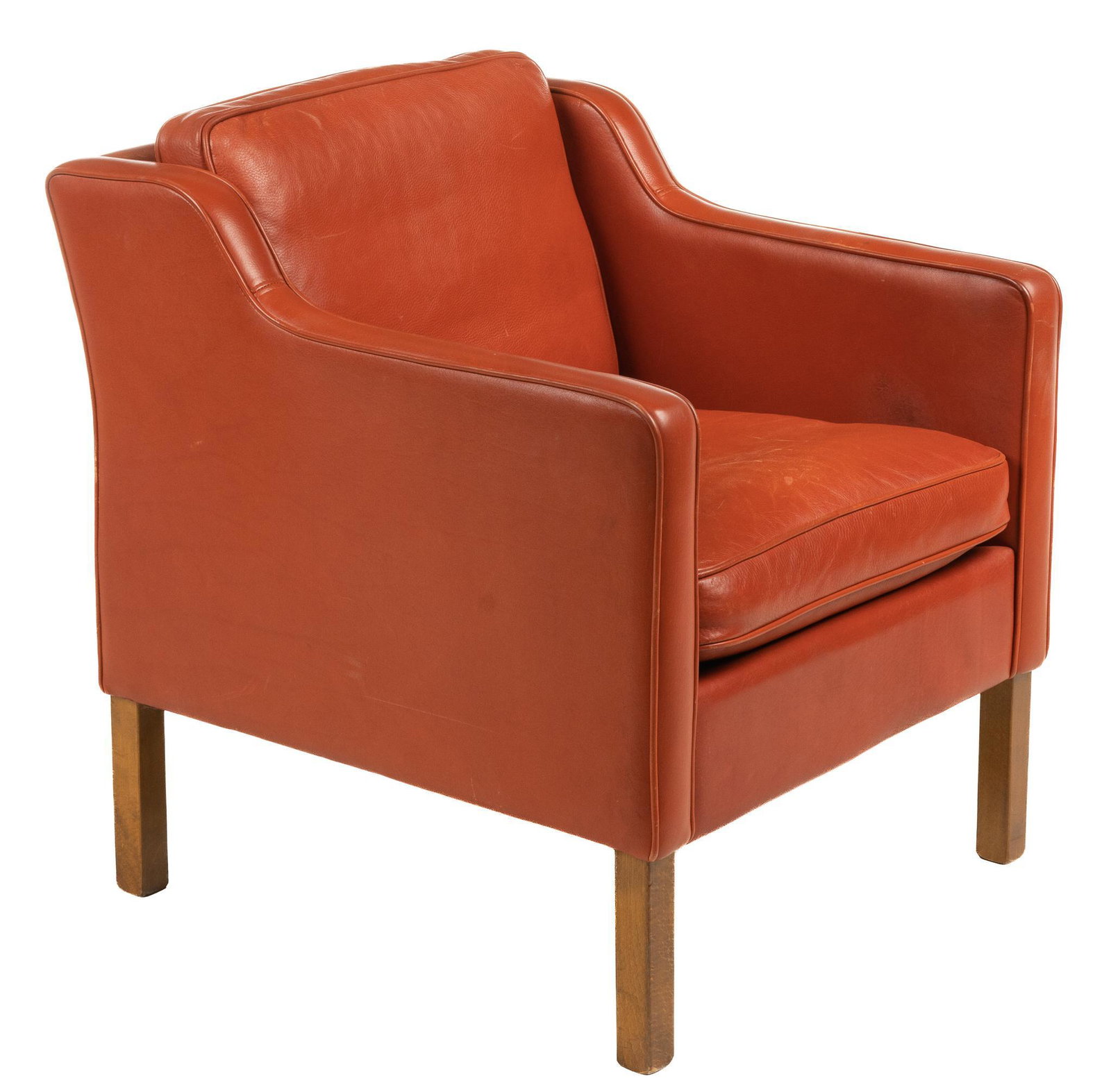 Mid-Century Leather Armchair: Mid-Century cognac leather armchair, in the style of Borge Mogensen for Fredericia (Denmark), supported on block legs height 32.5 in. x width 28 in. x depth 29.5 in. We happily provide seamless shippi
