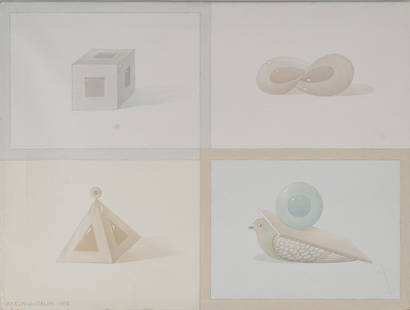 Anton van Dalen, Geometric Forms with Pigeon, 1978: Anton van Dalen (Denmark, b. 1938), study of geometric shapes and pigeon, 1978, oil on canvas  size: 18.5 x 24 in.  Provenance: Property from the Denver, Colorado home of a life-long art collector and