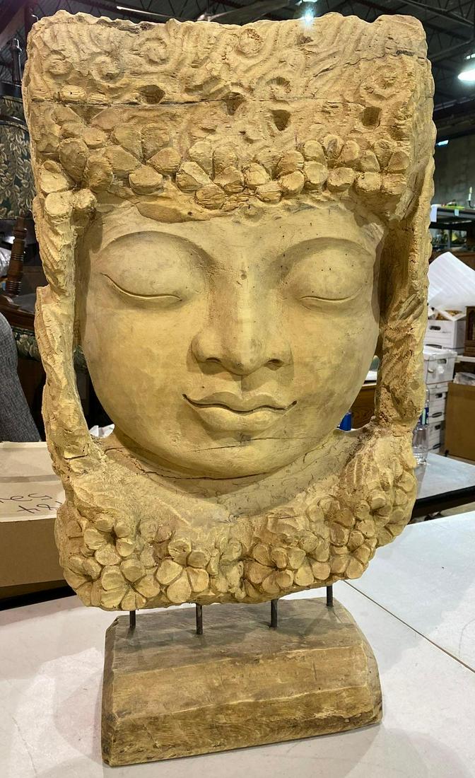 Large Wooden Bodhisattva Sculpture: Large Bodhisattva scultpure on stand height 32 in. x width 19 in. x depth 9 in. We happily provide seamless shipping services on everything we sell. Please email us at shipping@vogtauction.com or 