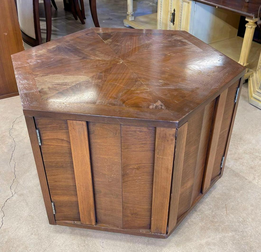 Wooden Side Table: Hexagonal wooden side table, with hinged doors and storage We happily provide seamless shipping services on everything we sell. Please email us at shipping@vogtauction.com or call 210-971-5750 for