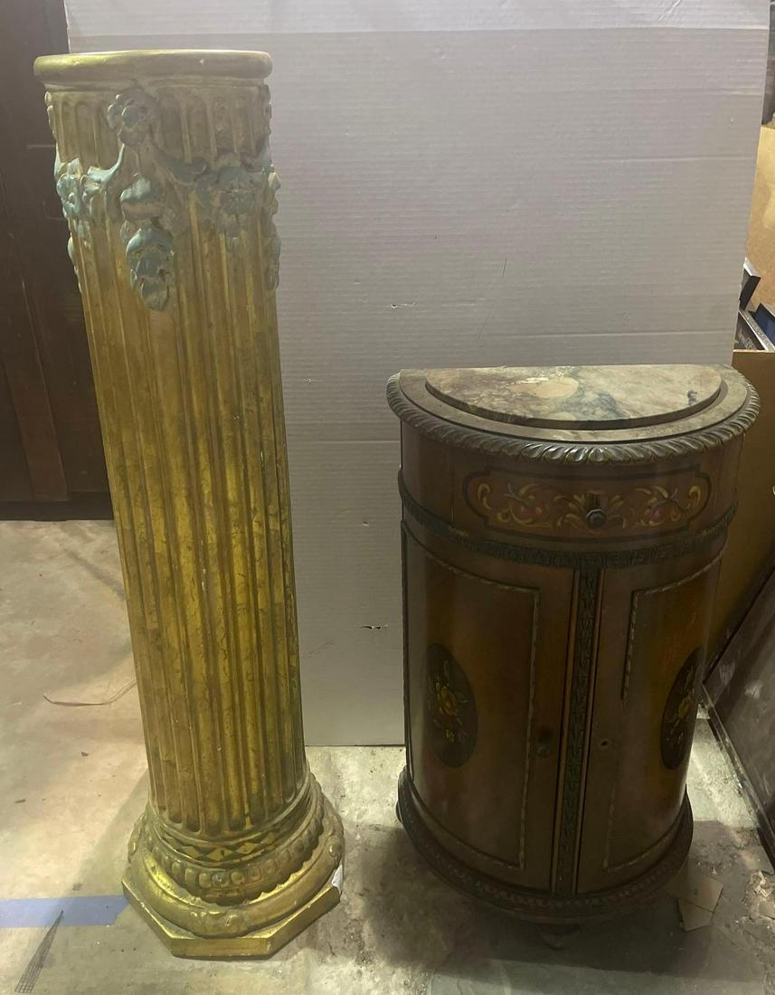 Italianate Pedestal & Demilune Side Table: Fluted Italianate pedestal, together with demilune side table / nightstand We happily provide seamless shipping services on everything we sell. Please email us at shipping@vogtauction.com or call 