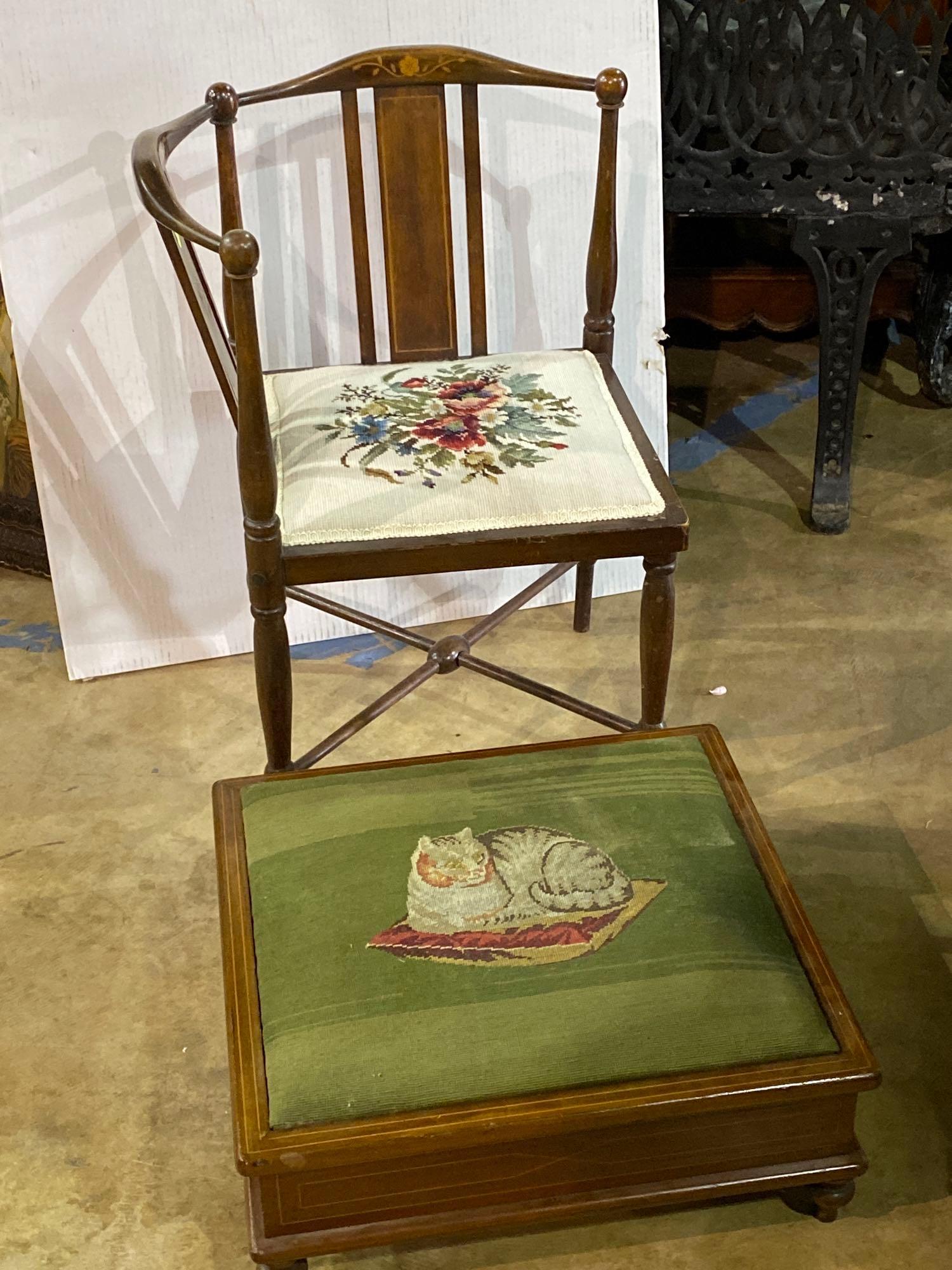 Needlepoint Corner Chair and Storage Foot Stool: Needlepoint corner chair and storage foot stool We happily provide seamless shipping services on everything we sell. Please email us at shipping@vogtauction.com or call 210-971-5750 for more info