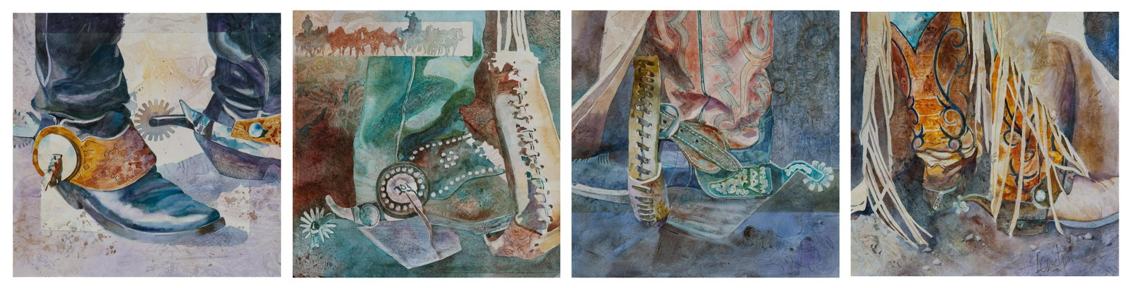 Linda Loeschen, (4) Cowboy Boots Paintings: Linda Loeschen (b. 1941), set of (4) cowboy boots paintings, watercolor on cradled clayboard 12 x 12 in. each, unframed We happily provide seamless shipping services on everything we sell. Please emai