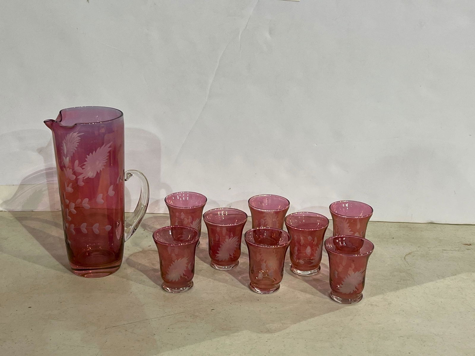 Set of Pink Glass Cups with Pitcher (1 of 1)