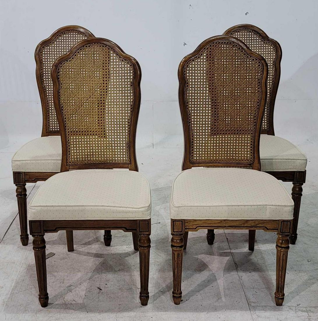 Set of (8) Dining Chairs: Set of eight dining chairs, caned backrests, upholstered seats. height 41 in. x width 20 in. x depth 21.5 in. / each We happily provide seamless shipping services on everything we sell. Please emai