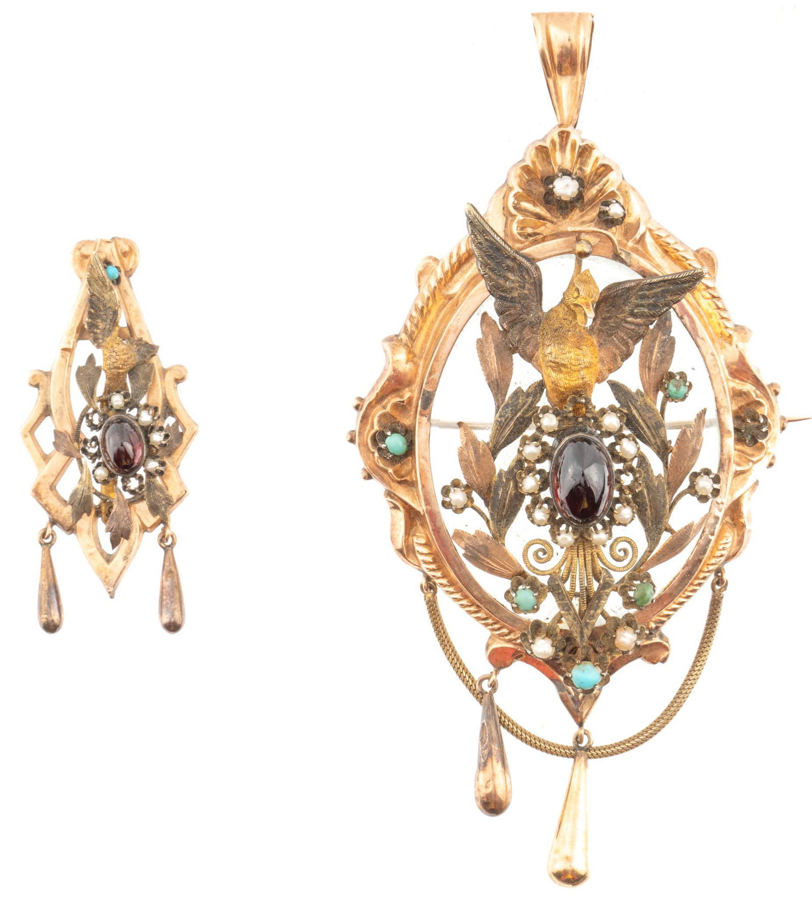 Victorian 14k Gold Garnet, Turquoise Bird Pendant (1 of 3)