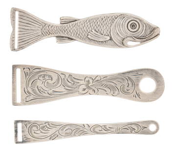 Antique Sterling Silver Bodkins Ribbon Threaders: Collection of three antique sterling silver ribbon pullers or bodkins including the figural embossed fish from Simon Brothers. Lengths 2 1/2 in. to 2 5/8 in.; total weight 12.8 grams Condition: Smal