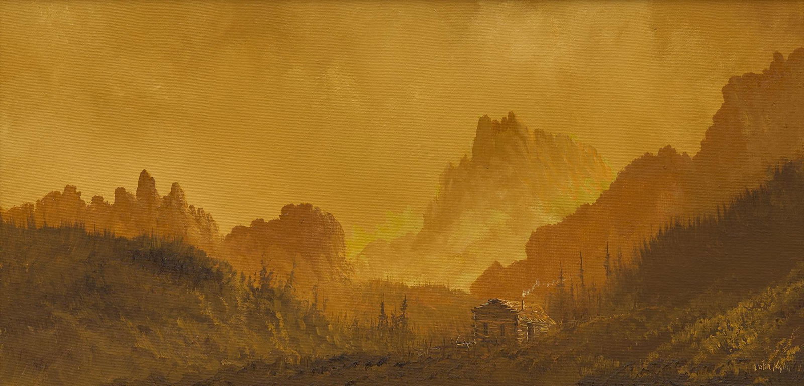 Lester Hughes, Mountain in Sunset: Lester Hughes (El Paso, Texas, b. 1940), mountain with cabin & orange sky, oil on canvas sight: 12 x 24 in., frame: 17 x 29 in. Provenance: a Graham, Texas collection From El Paso, Texas, Leste