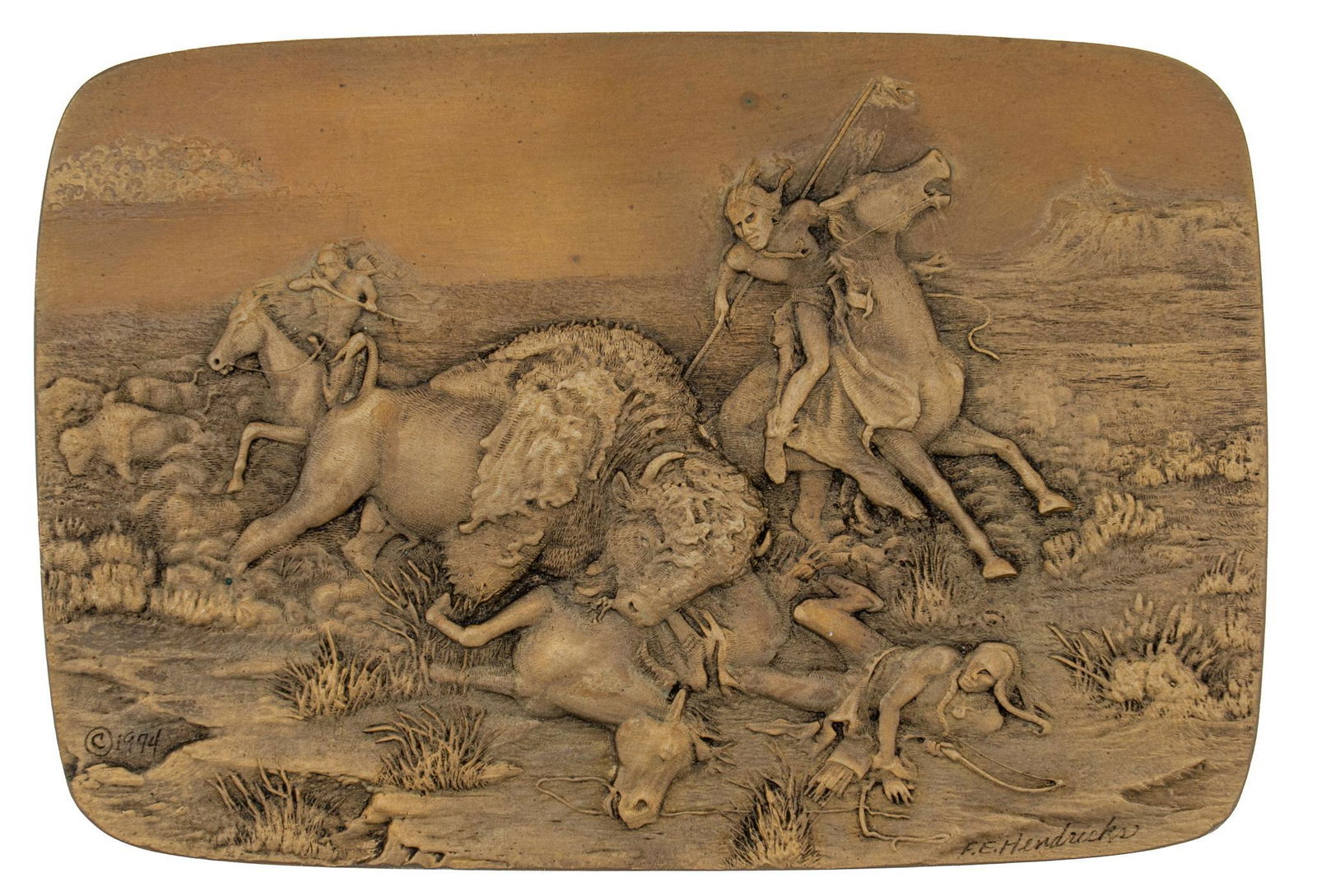 F.E. Hendricks (San Antonio, TX), "Buffalo Hunt" Bronze Belt Buckle (1 of 4)