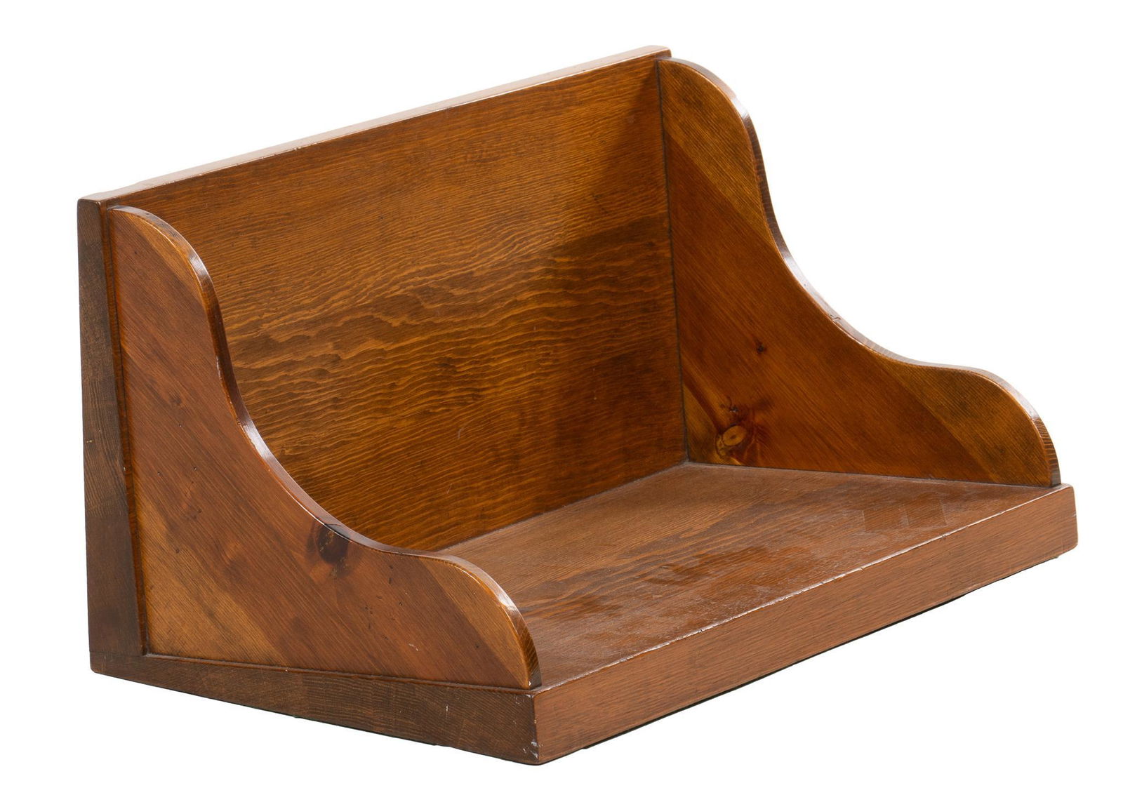 W.R. Dallas (San Antonio, TX) Wood Shelf: W.R. Dallas (San Antonio, Texas) wooden single shelf, with raised curved sides, marked to back height 14 in. x width 24 in. x depth 12 in. Provenance: a San Antonio, Texas collection We happily pro