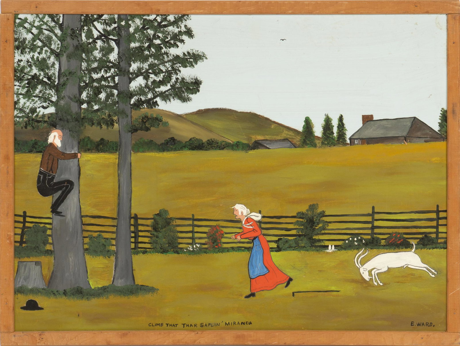 Essie Treat Ward, "Climb That Thar Saplin' Miranda": Essie Treat Ward (1902-1981), "Climb That Thar Saplin' Miranda", oil on masonite sight: 16 x 22.5 in., frame: 18 x 24 in. We happily provide seamless shipping services on everything we sell. Please em
