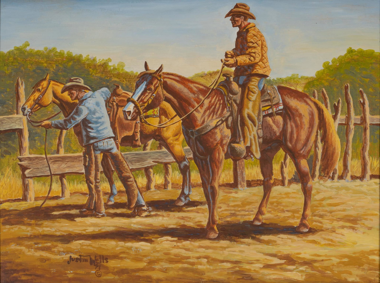 Justin Wells, Cowboys Working: Justin Wells (Texas, 1941-2008), cowboys working, oil on masonite sight: 18 x 24 in., frame: 26.5 x 32.5 in. Provenance: Property from an Oklahoma City, Oklahoma corporate collection We happily provid