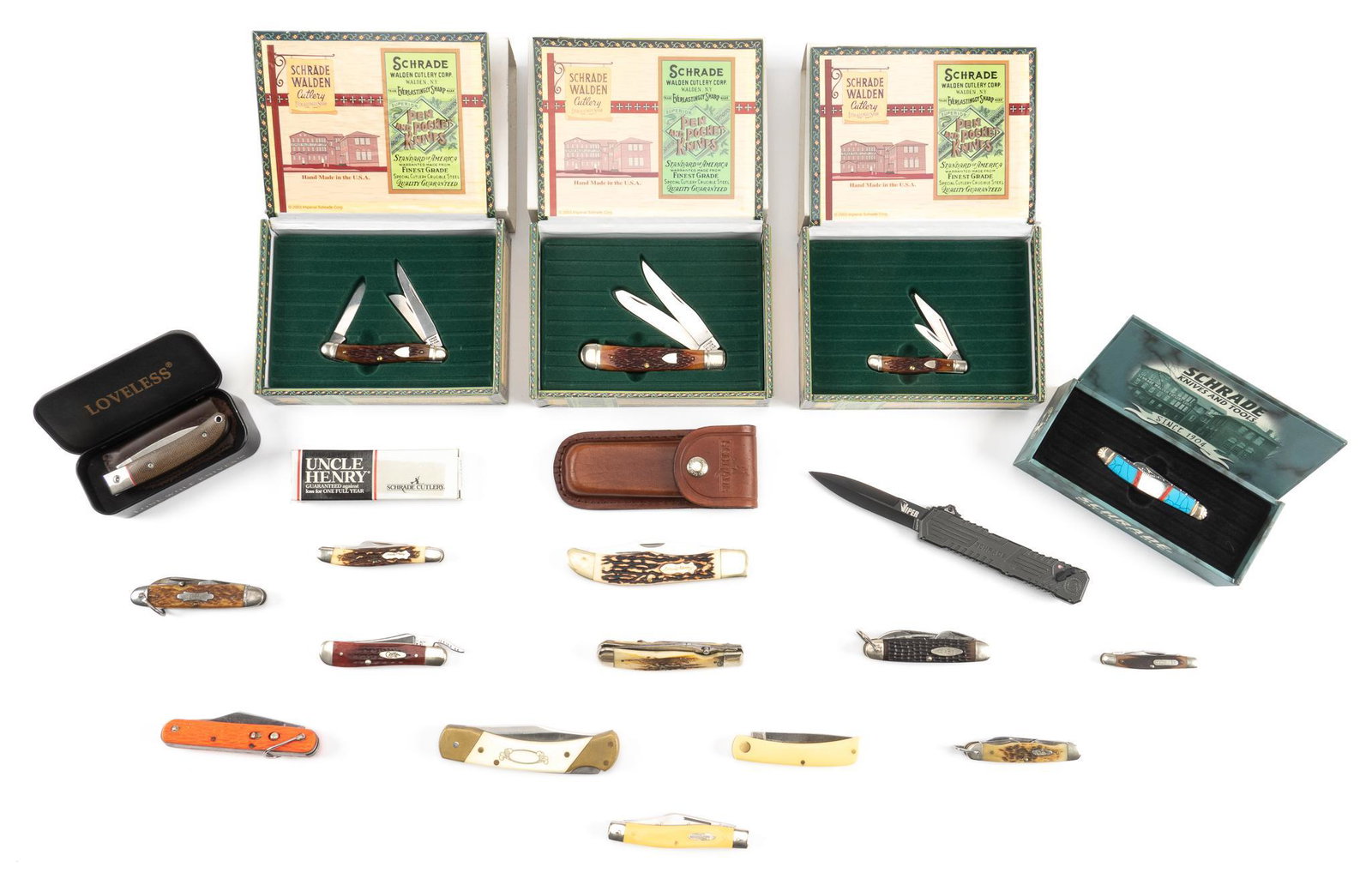 Lot of 20 knives Schrade, Case, Lone Wolf: -Includes: -(5) Case Cutlery Knives: Russlock, Sodbuster, Scout, Jr Scout, Rancher -(13) Schrade Knives:Viper 3, Old Timer Minute man, Scrimshaw folder, MC-1 Paratrooper, Stockman, Uncle Henry Stock,U