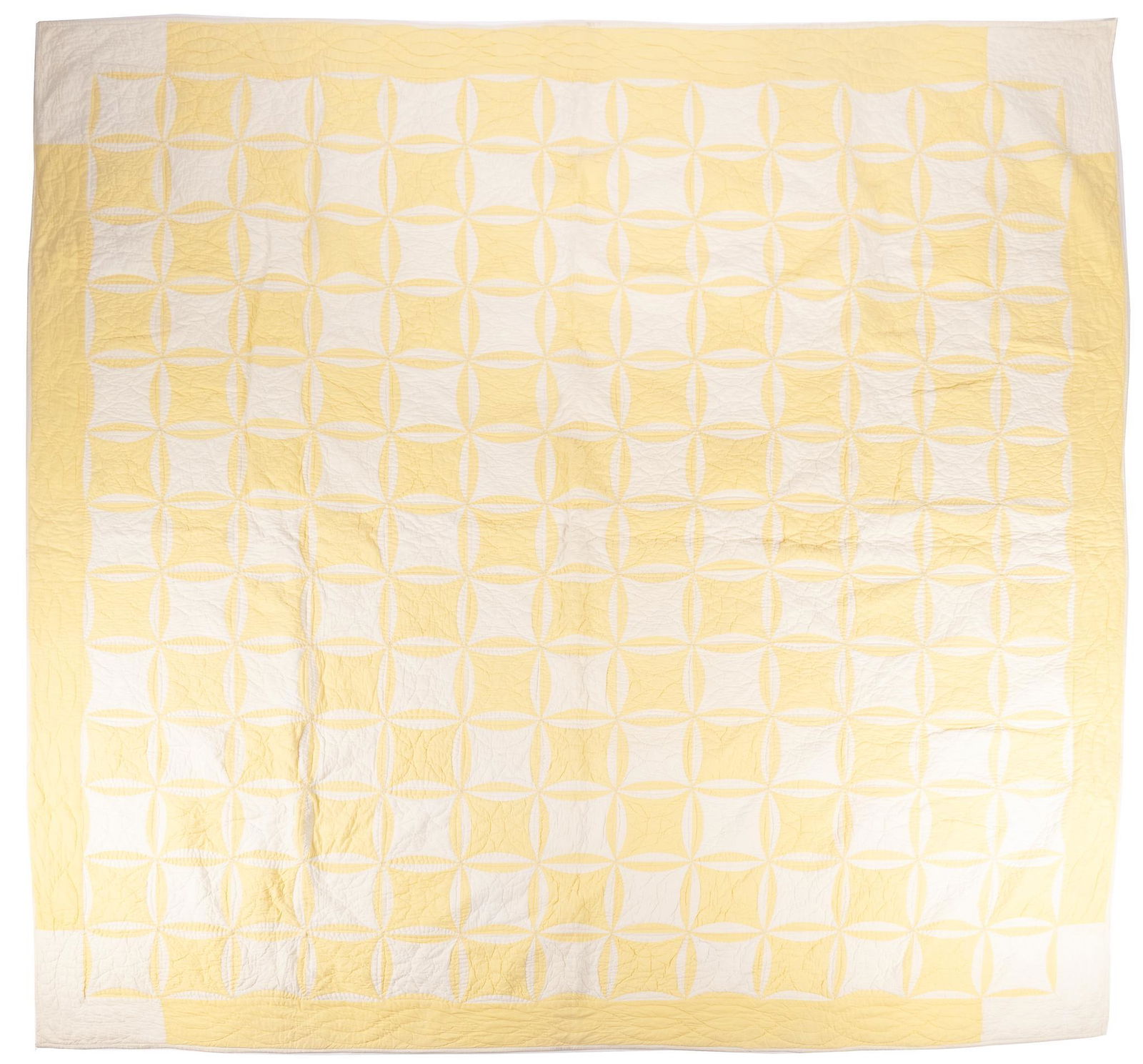 Double Wedding Ring Quilt: Yellow and white double wedding ring quilt length 91 in. x width 88 in. We happily provide seamless shipping services on everything we sell. Please email us at shipping@vogtauction.com or call 2