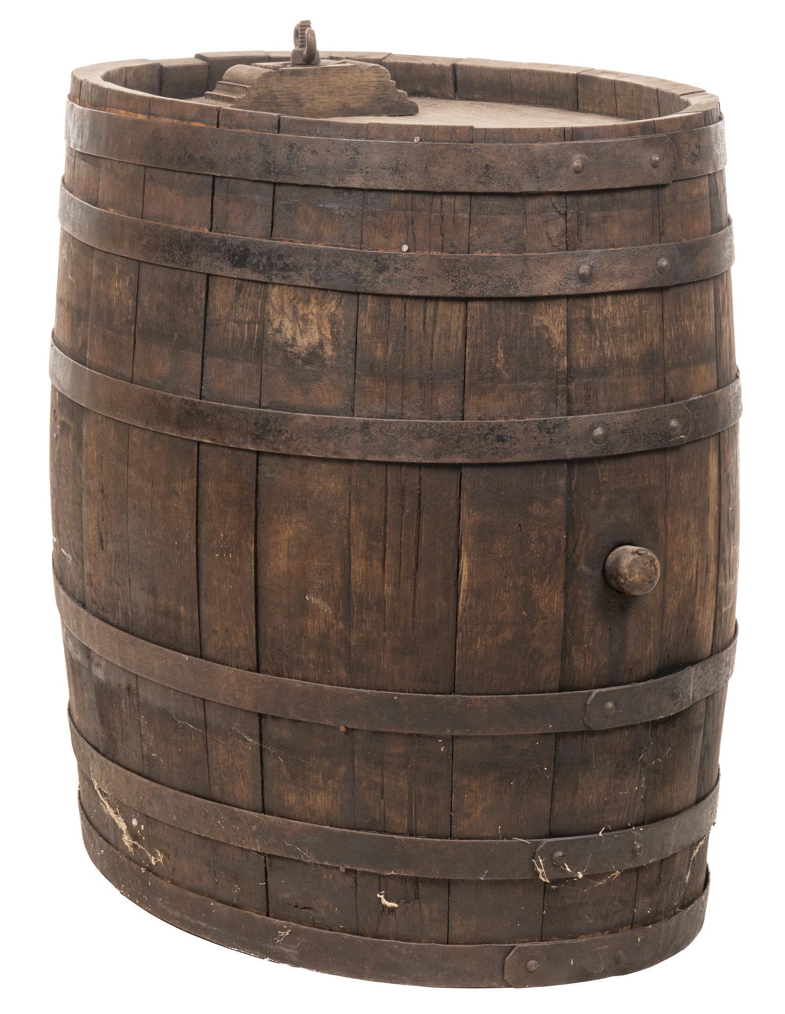 Iron Banded Wooden Distillery Barrel: Iron banded wooden distillery barrel, marked "A. Zimmerman" and "A. Moretti" on one end, corked on side and one end height 33 in. x width 23 in. x depth 33 in. We happily provide seaml