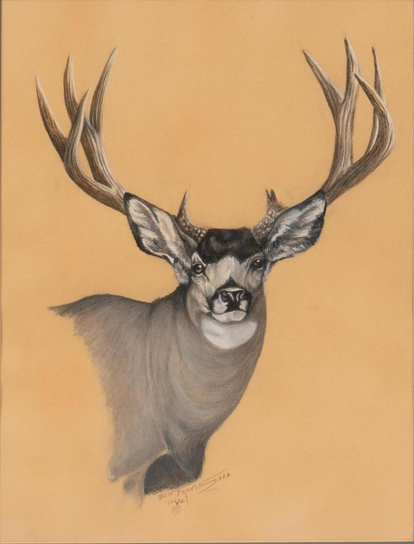 Ben France, Mule Deer, 1981: Ben France, mule deer stag portrait, 1981, oil pastel sight: 24 x 18 in., frame: 33 x 27 in. Provenance: an Alamo Heights, Texas collection We happily provide seamless shipping services on everything 