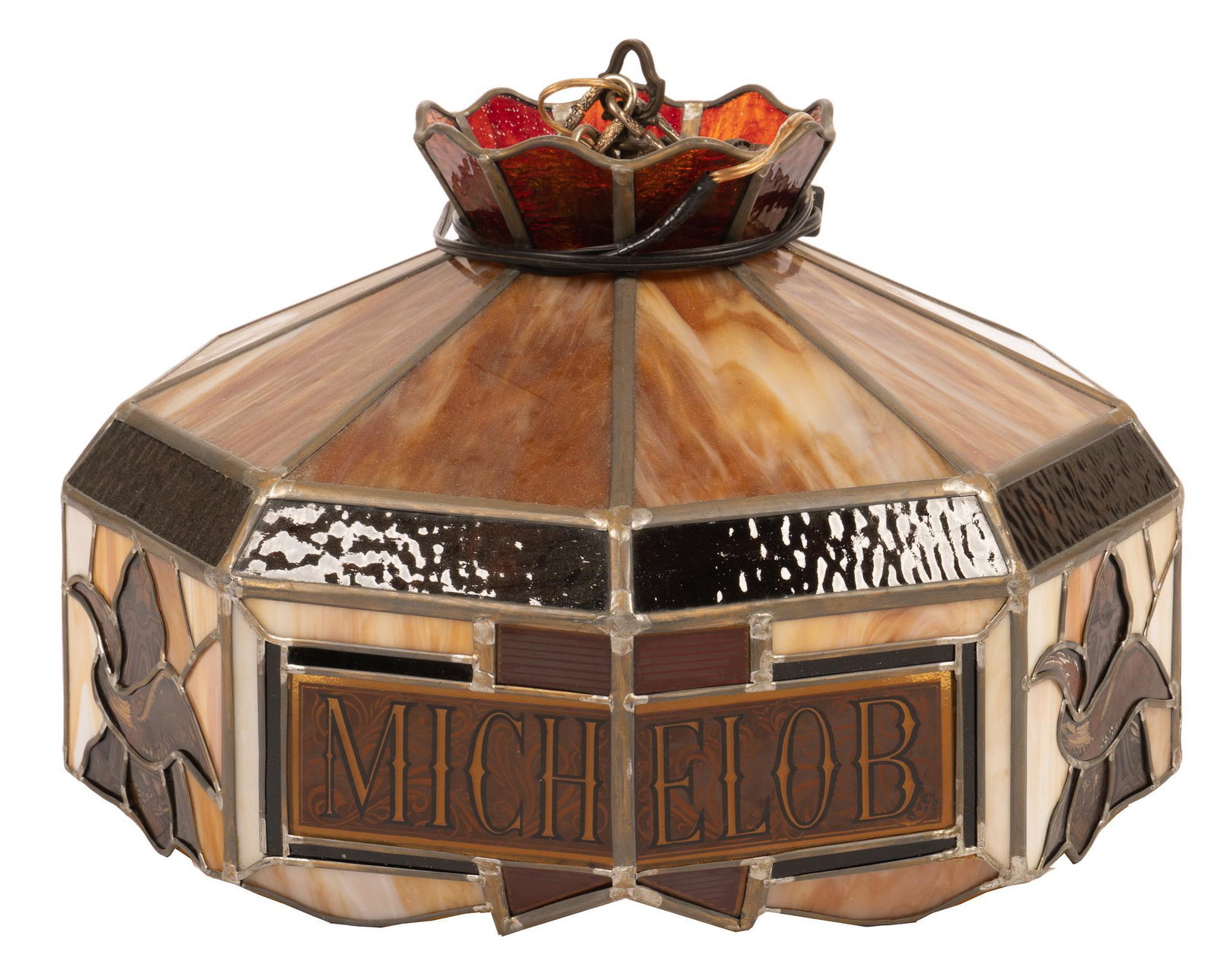 "Michelob" Stained Glass Chandelier: "Michelob" leaded stained glass chandelier, featuring vintage Michelob eagle logo, in working condition height 13 in. x width 22 in. x depth 22 in. We happily provide seamless shipping service