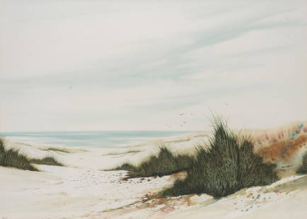 Fran Larsen, Sandy Dunes: Fran Larsen, watercolor sight: 31.5 x 40.5 in., frame: 45 x 34.5 in. We happily provide seamless shipping services on everything we sell. Please email us at shipping@vogtauction.com or call 210-