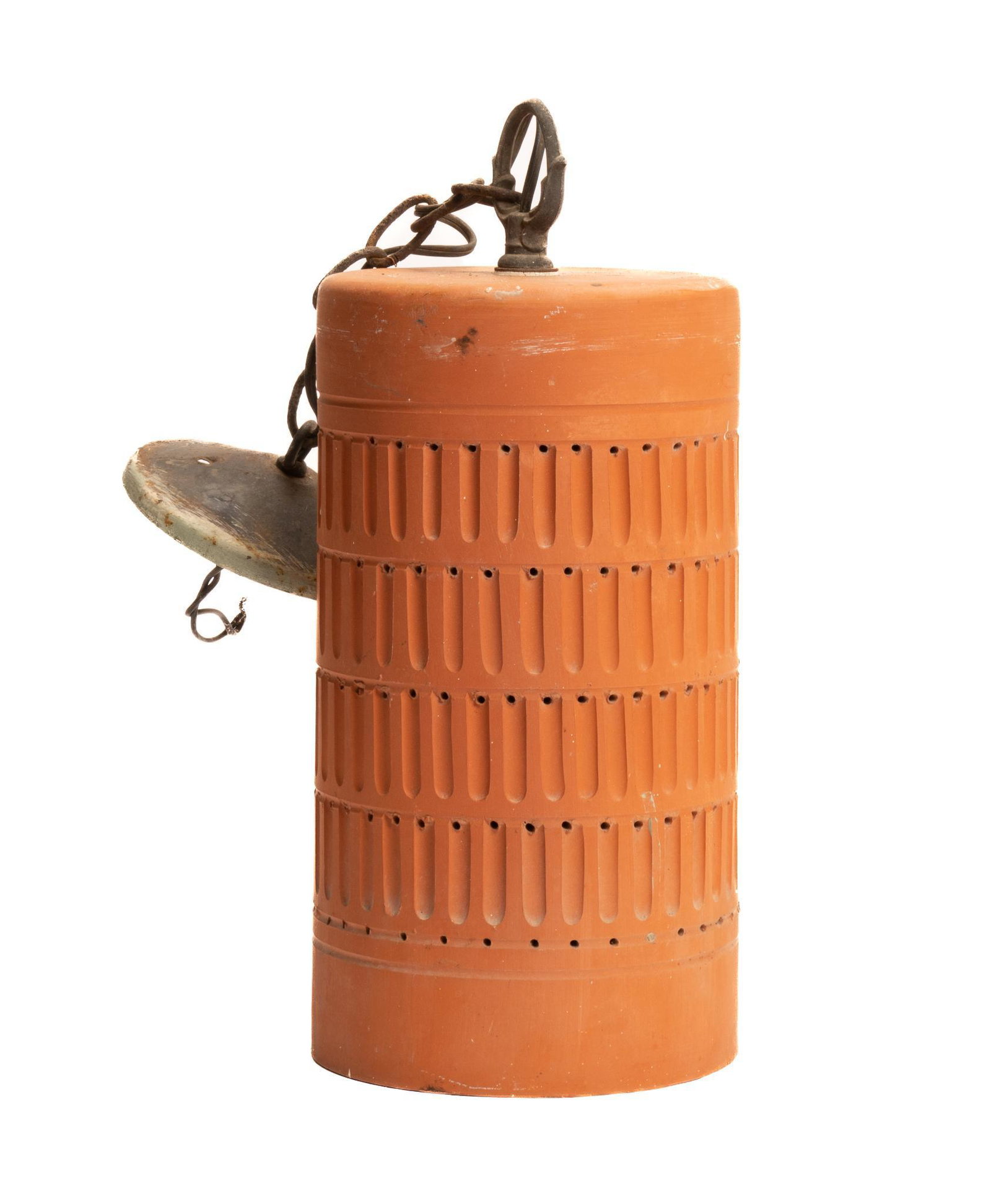 Beaumont Mood (San Antonio, TX) Light Fixture: Vintage perforated terracotta ceramic pendant light fixture, by acclaimed San Antonio maker Beaumont Mood, geometric accents height 16 in. x width 16.5in. x depth 6.5 in. Provenance: a Bulverde, Tex