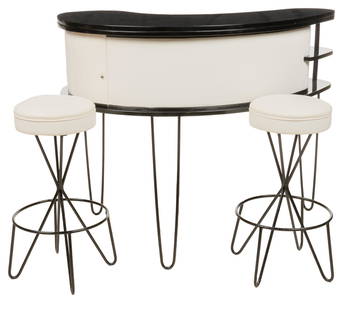 Paul Tuttle (USA) Boomerang Bar and Two Hairpin Bar Stools: Mid-Century boomerang bar set, designed by Paul Tuttle (20th C., USA), circa 1950, with black lacquer swivel top that opens to interior storage with glass holders, supported on rounded base with vinyl