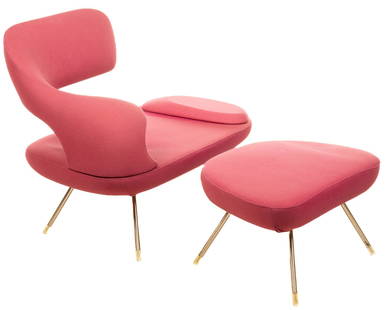 Ross Lovegrove (UK) for Frighetto Mobili (ITA) "Oasi" Chair and Ottoman: Modernist "Oasi" chair and matching ottoman, designed by Ross Lovegrove (United Kingdom) for Frighetto (Italy) with pink wool upholstery, organic arm and back made from a continuous form, supp