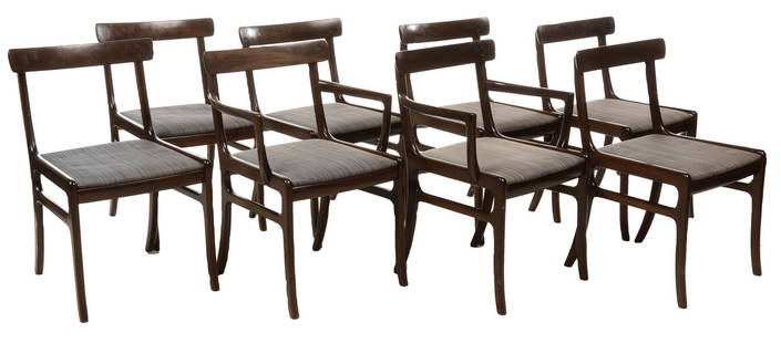 Set of (8) Ole Wanscher (DNK) Mid-Century "Rungstelund" Chairs: Set of eight Danish Mid-Century &#34;Rungestelund&#34; dining chairs, designed by Ole Wanscher (20th C., Denmark) for P. Jeppesen Mobelfabrik (Denmark), rosewood frames, raised back rests, upholstered