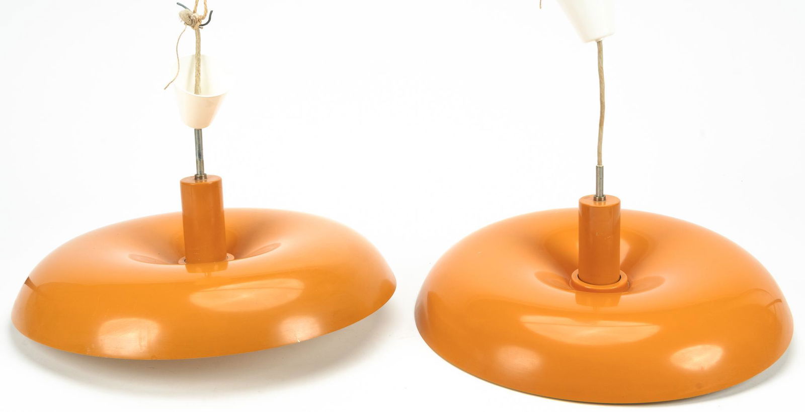 Pair of Piet Hein (DNK) Model RA Pendant Lights: Pair of Danish Mid-Century pendant lights, model RA by Piet Hein (Denmark) for Lyfa (Denmark), with painted metal shade, interior light cover, marked Lyfa, circa 1960 height 9 in. x width 21 in. x de