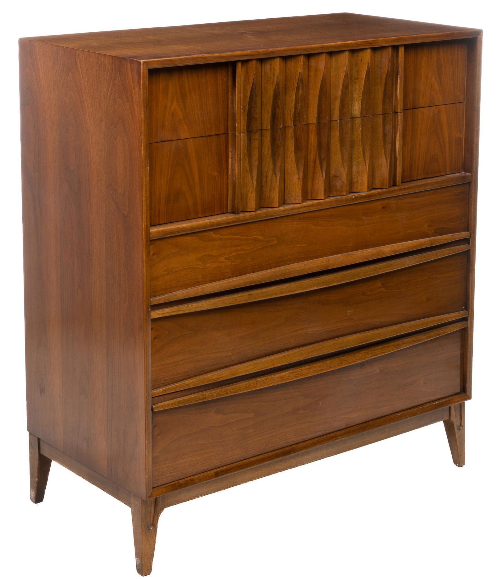 Mid-Century 5-Drawer Dresser: Mid-Century walnut dresser, in the style of Thomasville, with five stacked dovetailed drawers, top two drawers featuring applied geometric design fronts, one drawer with divided interior, supported on