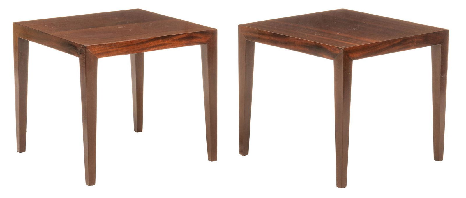 Severin Hansen (DNK) Pair of Mid-Century Side Tables: Pair of Mid-Century rosewood side tables, designed by Severin Hansen (Denmark) for Haslev Mobelfabrik (Denmark), with square tops, supported on structural tapered legs, marked height 20 in. x width