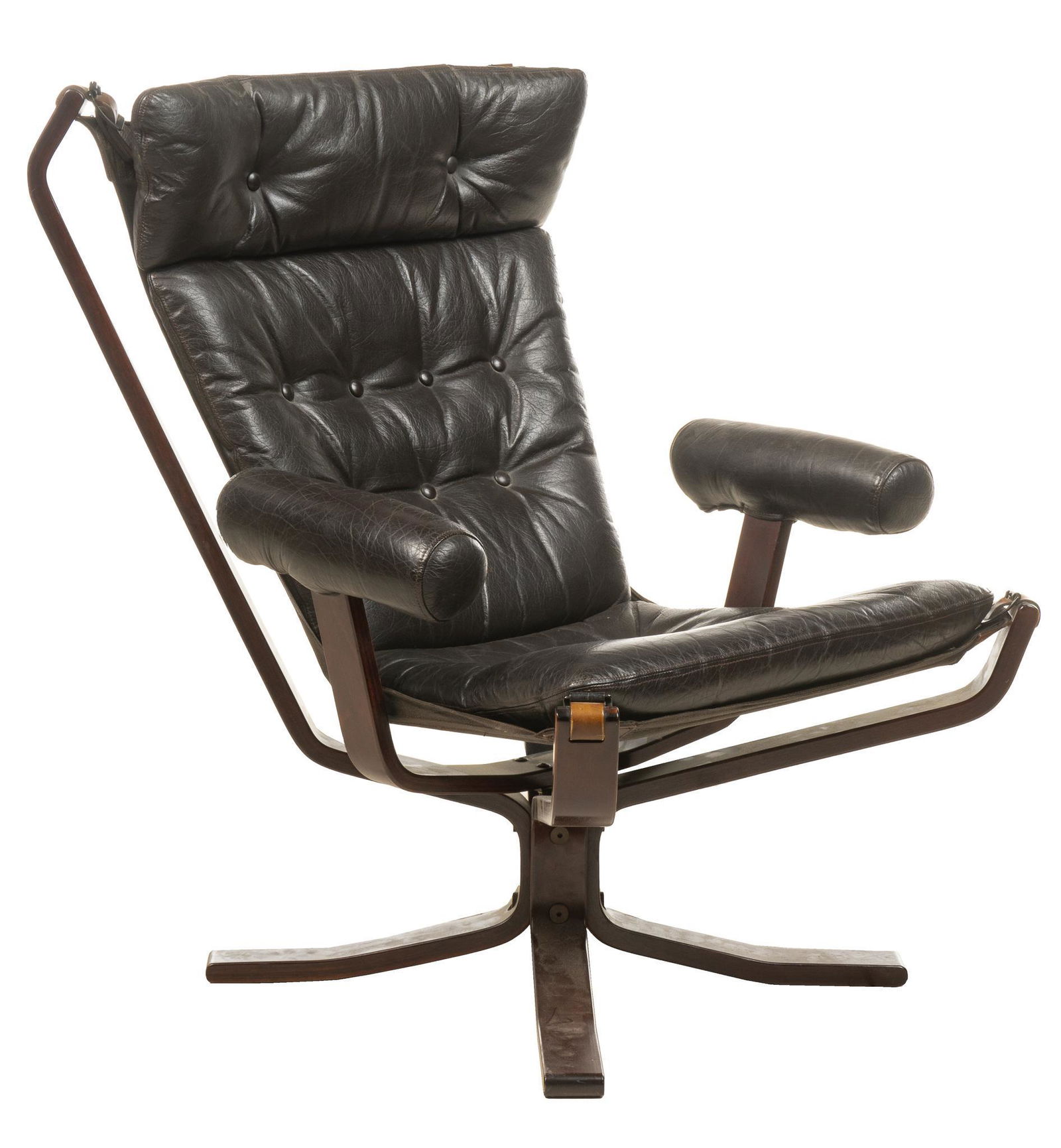 Vintage Sigurd Ressell (DNK) "Superstar" Lounge Chair: Vintage "Superstar" lounge chair, designed by Sigurd Ressell (20th C., Denmark) for Vatne Mobler (Denmark), bentwood frame with hammock-like body supporting tufted black leather cushion formin