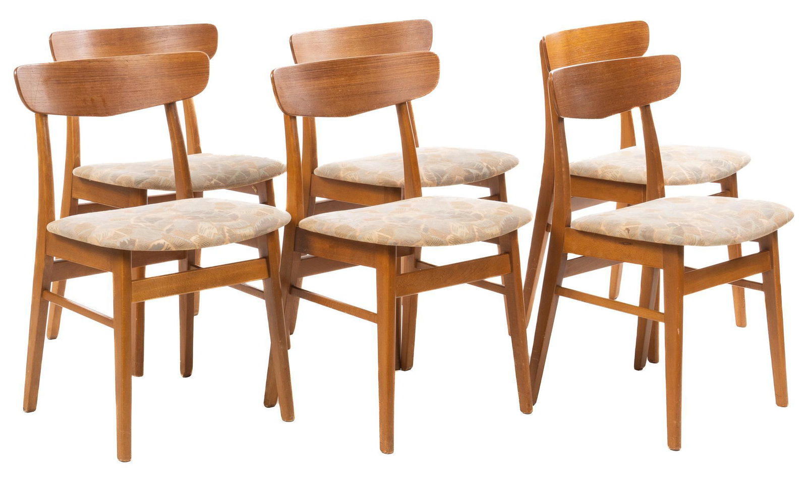 Set of (6) Danish Mid-Century Dining Chairs: Set of six Danish Mid-Century dining chairs, with raised backs, patterned upholstery, supported on pin legs height 30 in. x width 18 in. x depth 16 in. / each We happily provide seamless shipping serv