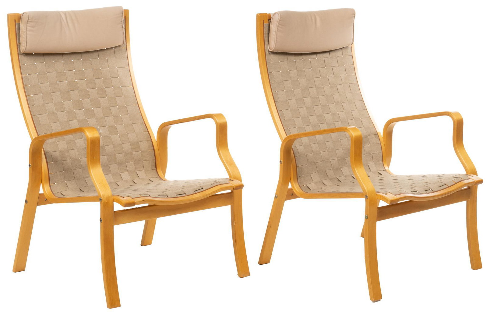 Pair of Danish Mid-Century Lounge Chairs: Pair of Danish Mid-Century lounge chairs, with bentwood frame supporting woven strap upholstery, removable head rest cushion height 40 in. x width 26.5 in. x depth 32 in. / each We happily provide sea