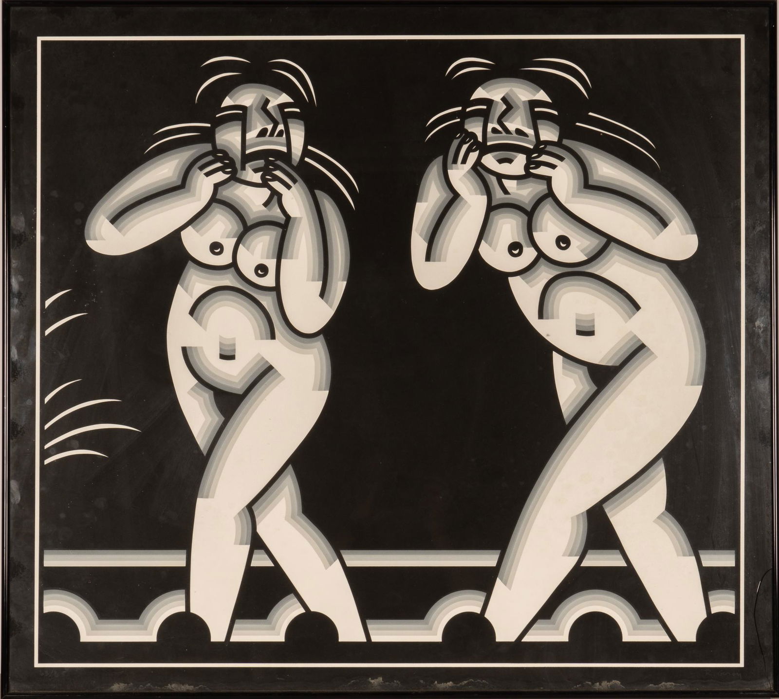 Robert P. Gordy, "Sister Act", no. 63/75: Robert P. Gordy (Louisiana, 1933-1986), "Sister Act", signed and numbered serigraph, no. 63/75 sight: 28 x 32 in., frame: 32.5 x 36 in. Provenance: a San Antonio, Texas collection We happi