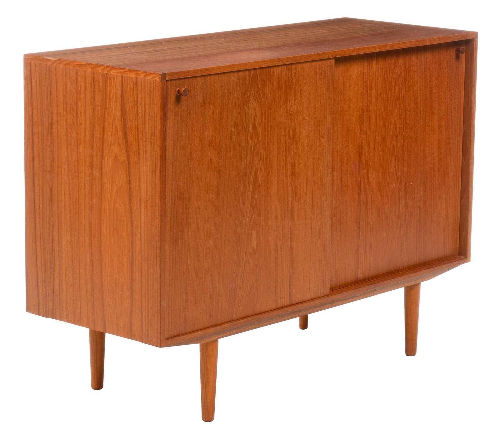 Danish Mid-Century Credenza: Danish Mid-Century credenza, with sliding doors, opening to three interior shelves, next to open storage height 33 in. x width 46 in. x depth 17.5 in. We happily provide seamless shipping services on 