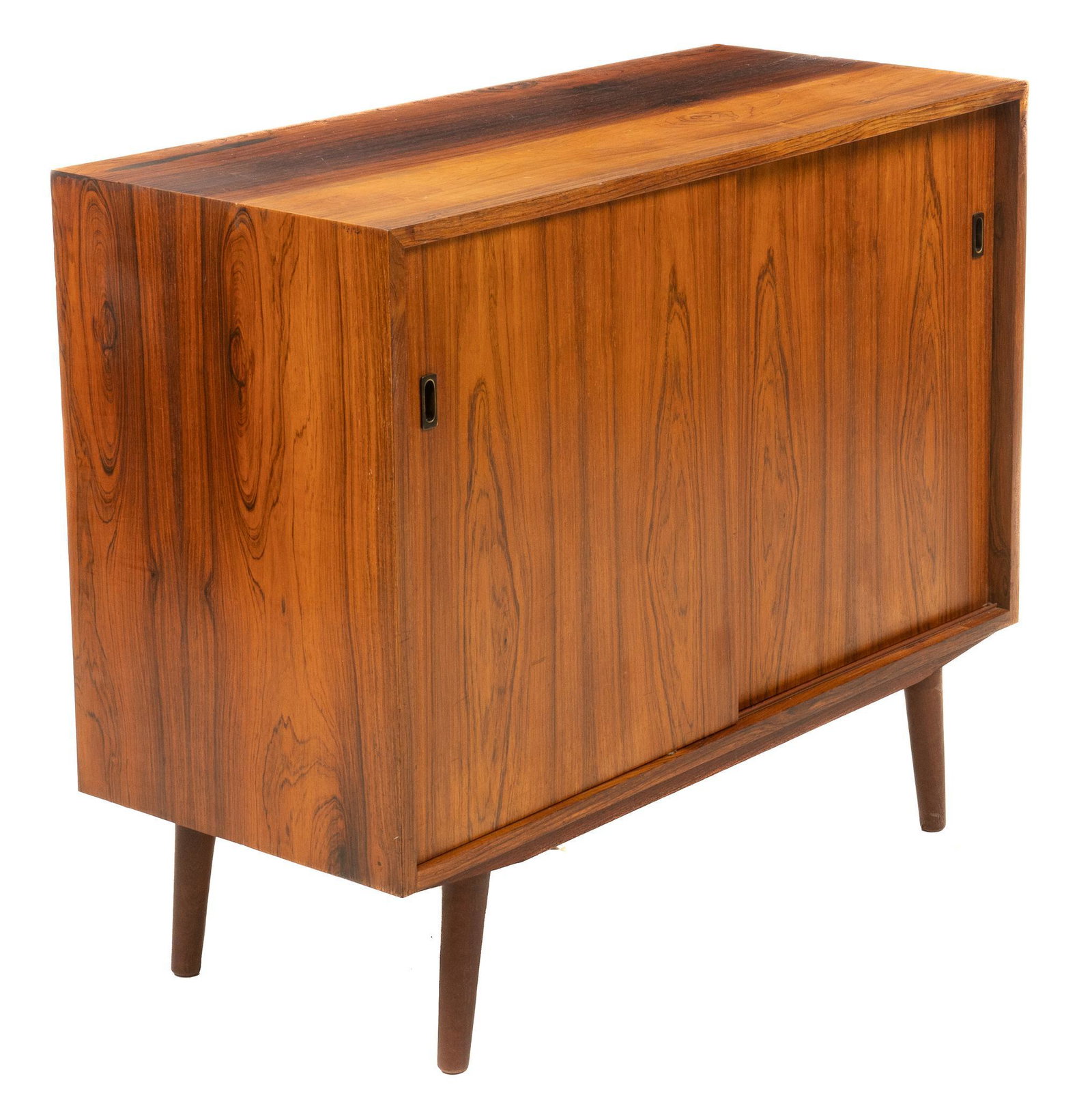Danish Mid-Century Credenza: Danish Mid-Century credenza, with sliding doors, opening to four flat drawers, above storage niche, next to two interior shelves, rising on splayed pin legs height 33 in. x width 39 in. x depth 17 in.