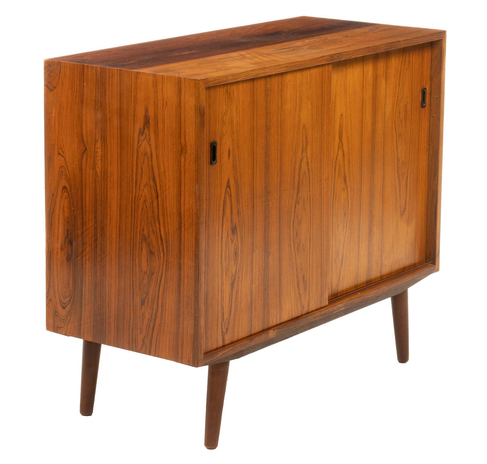 Danish Mid-Century Credenza: Danish Mid-Century credenza, sliding cabinet doors, opening to three shelves, supported on splayed legs height 32.5 in. x width 39 in. x depth 17 in. We happily provide seamless shipping services on e