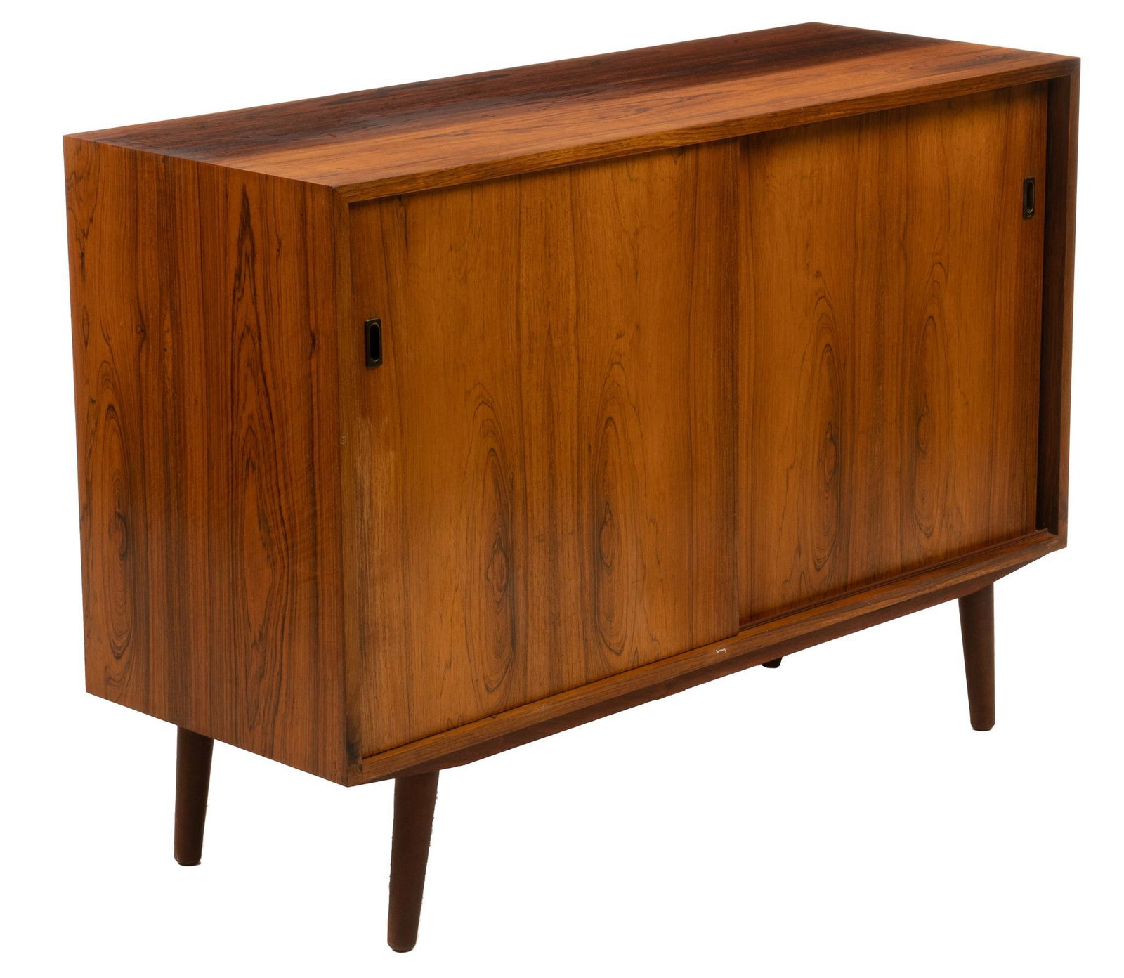 Danish Mid-Century Credenza: Danish Mid-Century credenza, with sliding cabinet doors, opening to two shelves, supported on splayed pin legs height 32.5 in. x width 46.5 in. x depth 17 in. We happily provide seamless shipping serv