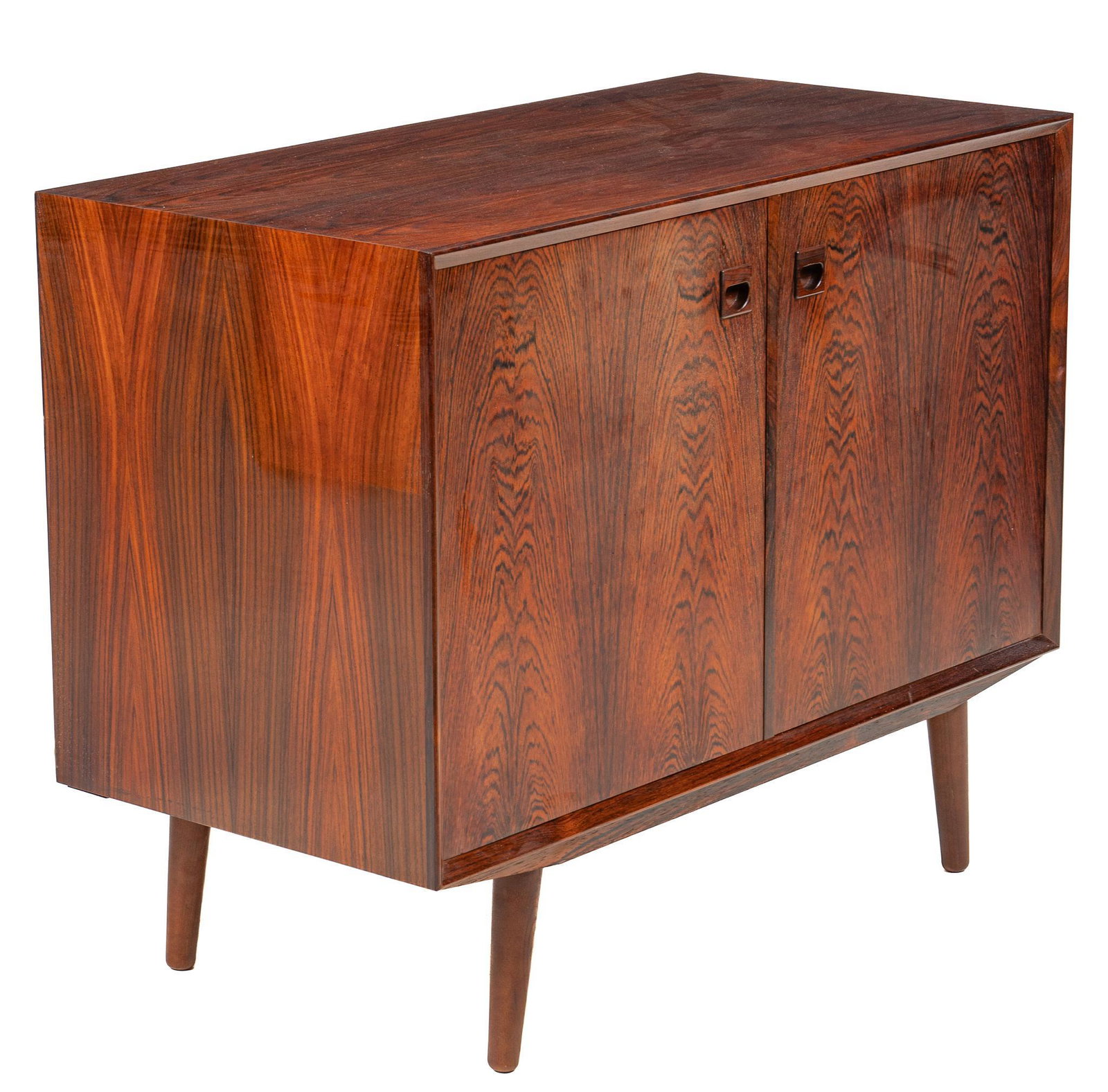 Danish Mid-Century Cabinet: Danish Mid-Century rosewood cabinet, with two doors opening to interior storage, supported on splayed legs height 32 in. x width 39.5 in. x depth 20 in. We happily provide seamless shipping services o