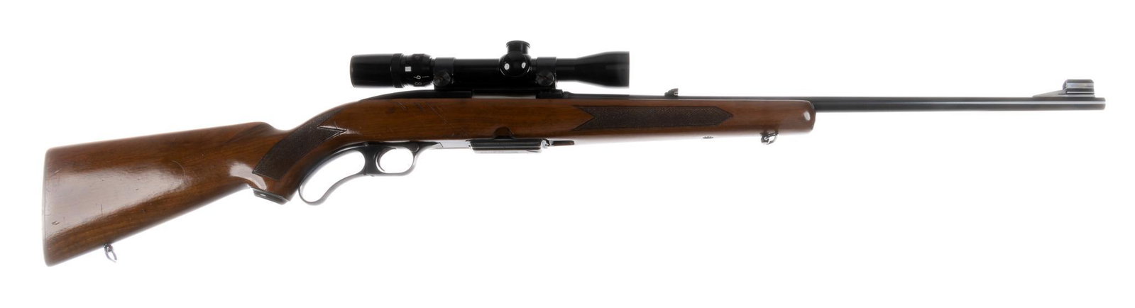 Winchester Model 88 .308 WIN Lever-Action Rifle: Serial: 153913 A Manufacturer: Winchester (c. 1964) Model: 88 Caliber: .308 WIN Barrel length: 21.5 in. OAL: 42.5 in. Condition: Good; wood stock has handling marks throughout, especially on right sid